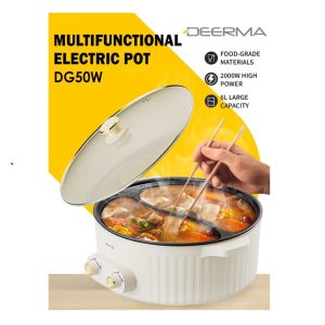 Deerma DG50W Multifunctional Electric Pot Cooking, Double Design, Two Level Firepower Adjustment, 6L Capacity, 2000W Instant Boiling & Quick Heating, Food Grade Material, Non Stick Inner Liner
